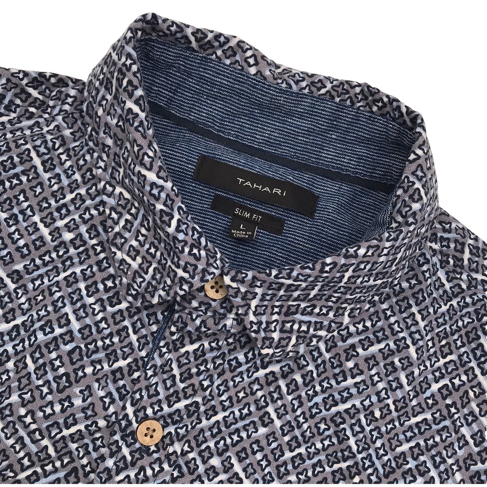 Tahari Button Shirt Mens M/L Geometric‎ LINEN BLEND Short Sleeve Pockets Casual